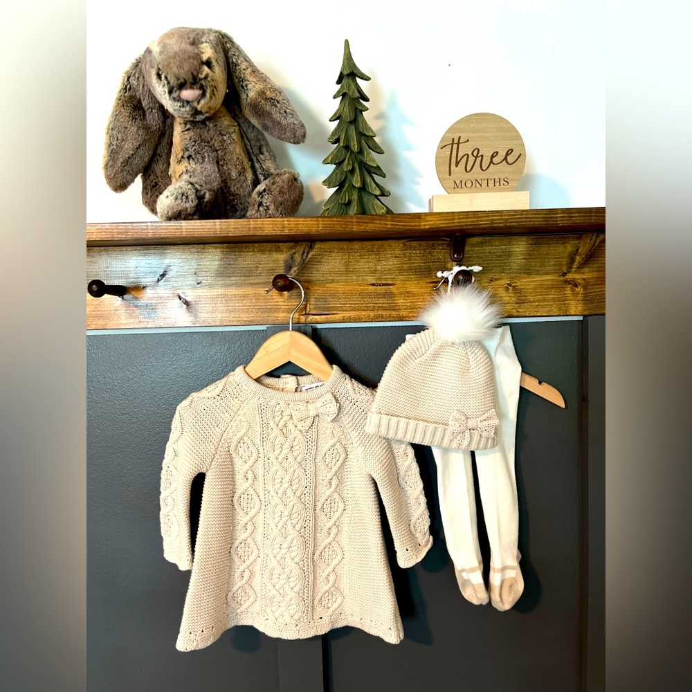 Beautiful winter knit dress with hat and tights